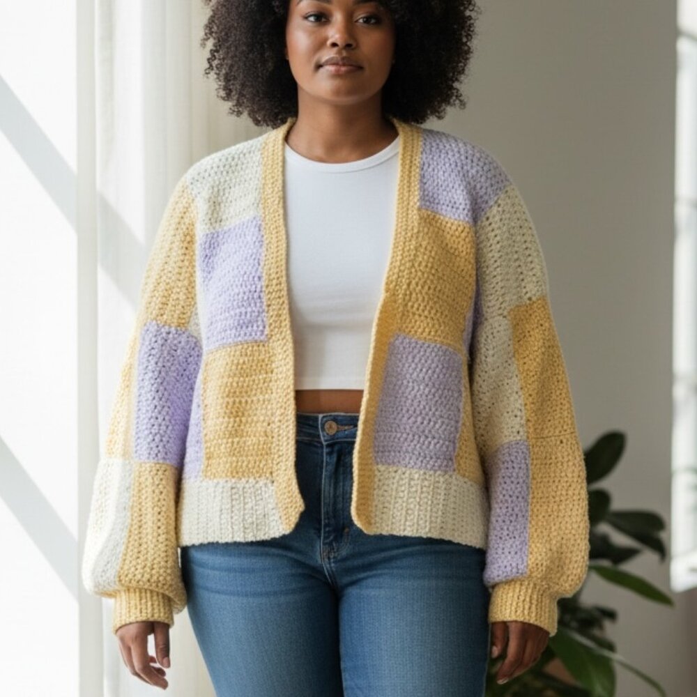 70's Vintage Inspired 'Granny Square' Crocheted Cardigan-Bell Sleeves-L-XL